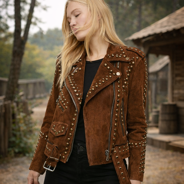 Women Brown Western Style Suede Leather Jacket Tips & Studs - Zipper