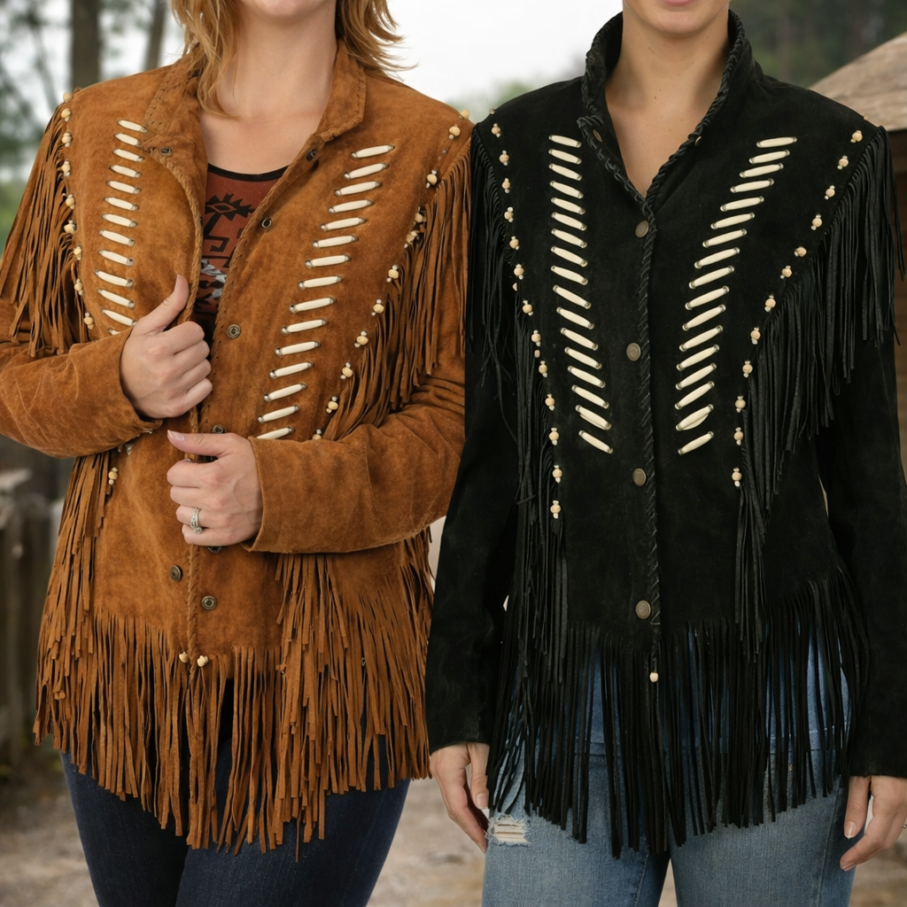 Women American Western Native Suede Leather Jacket Fringed & Beaded - Options