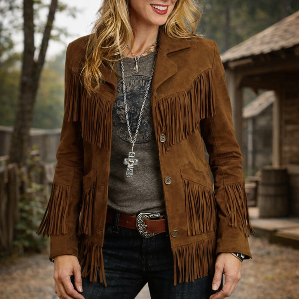 Women Suede Leather Western Style Jacket With Fringe - Brown Suede