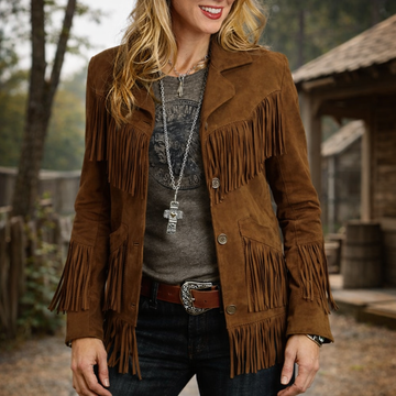 Women Suede Leather Western Style Jacket With Fringe - Brown Suede
