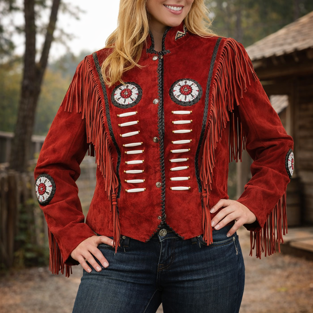 Women Red Suede Leather American Native Western Style Jacket Fringed & Beaded