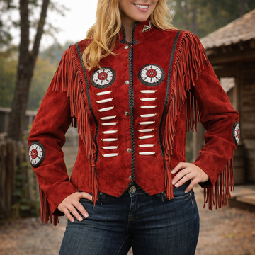 Women Red Suede Leather American Native Western Style Jacket Fringed & Beaded