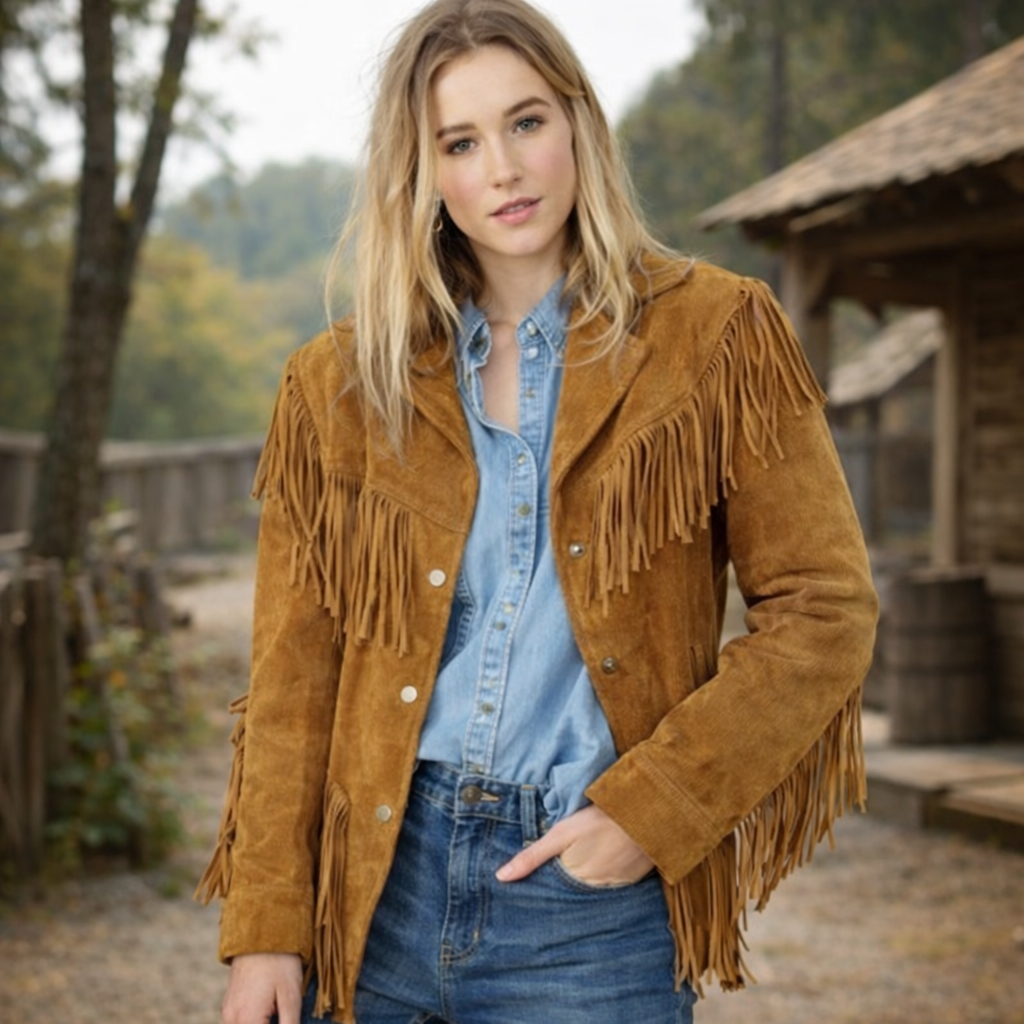 Women Native American Western Leather Jacket Suede Leather Fringe & Snap Closure