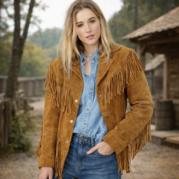 Women Native American Western Leather Jacket Suede Leather Fringe & Snap Closure