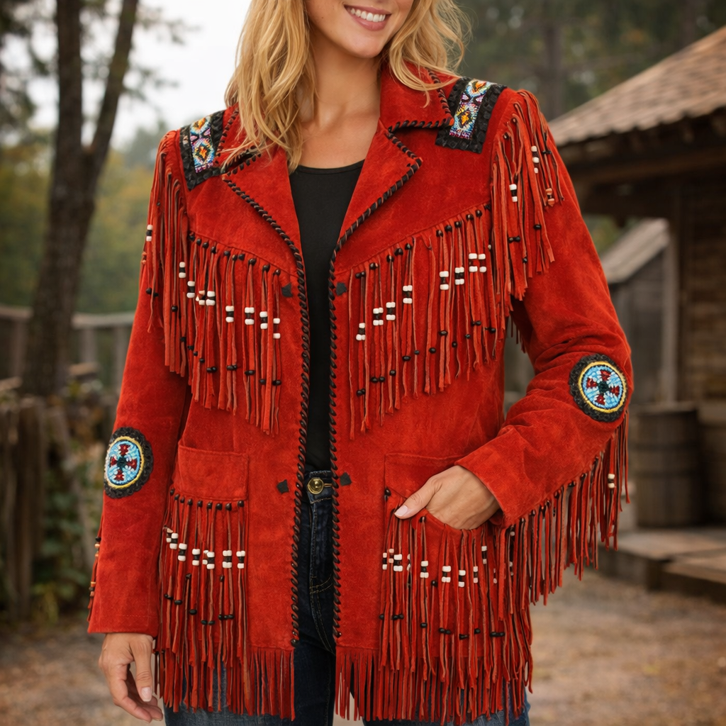 Women Red Suede Leather American Native Western Style Jacket Fringed & Beaded