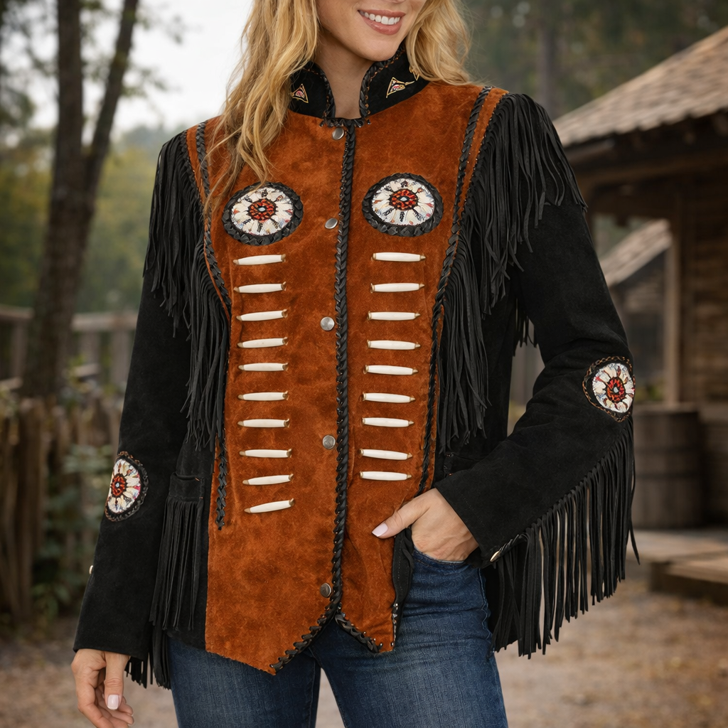 Women Suede Leather American Native Style Jacket Fringed & Beaded - Contrast