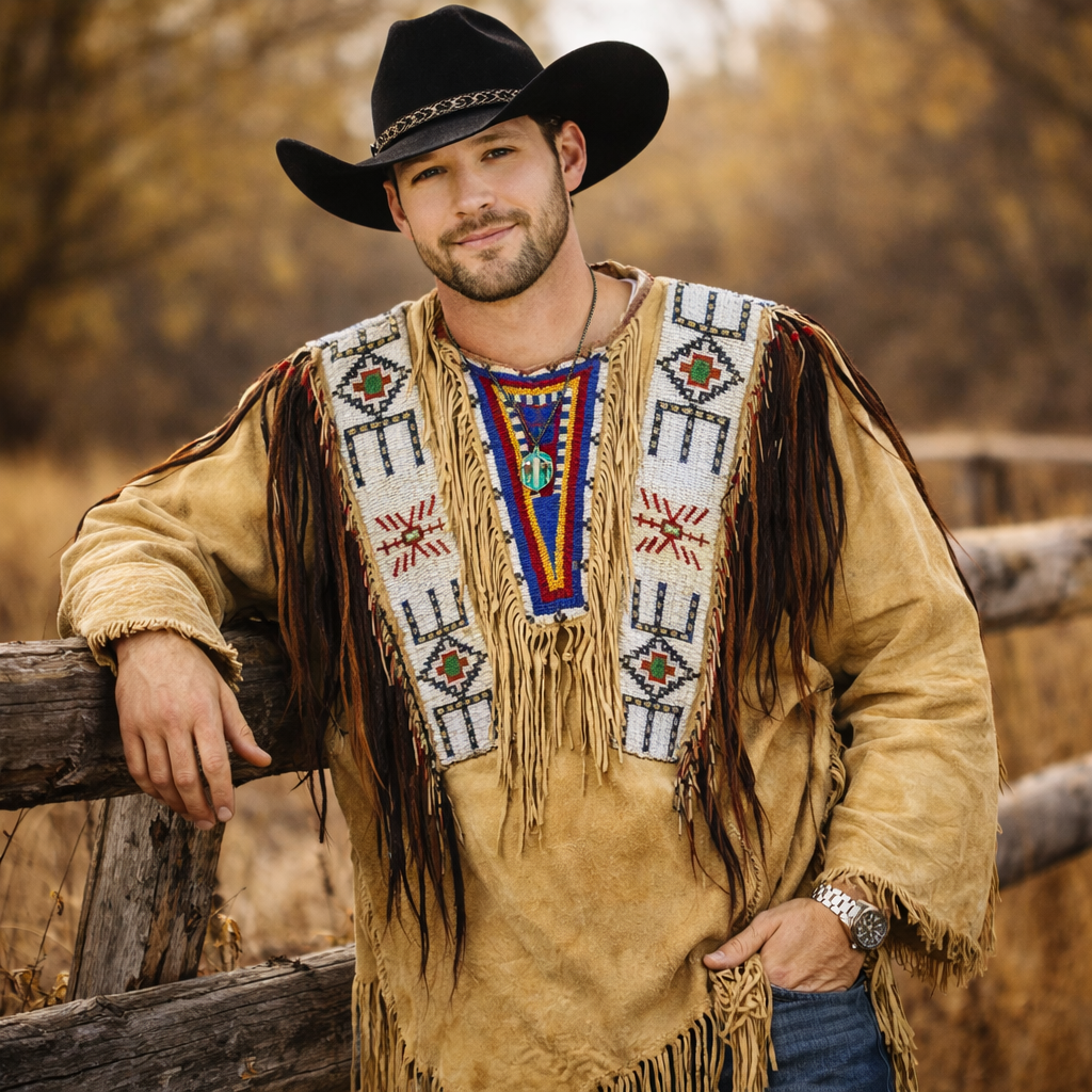 Men Traditional Wear Western Style Suede Leather Warrior Shirt Fringes & Beaded