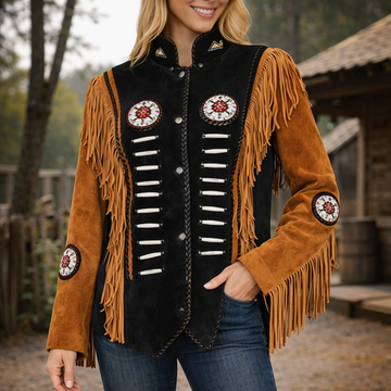 Women Suede Leather American Native Style Jacket Fringed & Beaded - Contrast