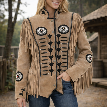 Women Beige Western Style Suede Leather Jacket Fringe - Beaded & Fringed