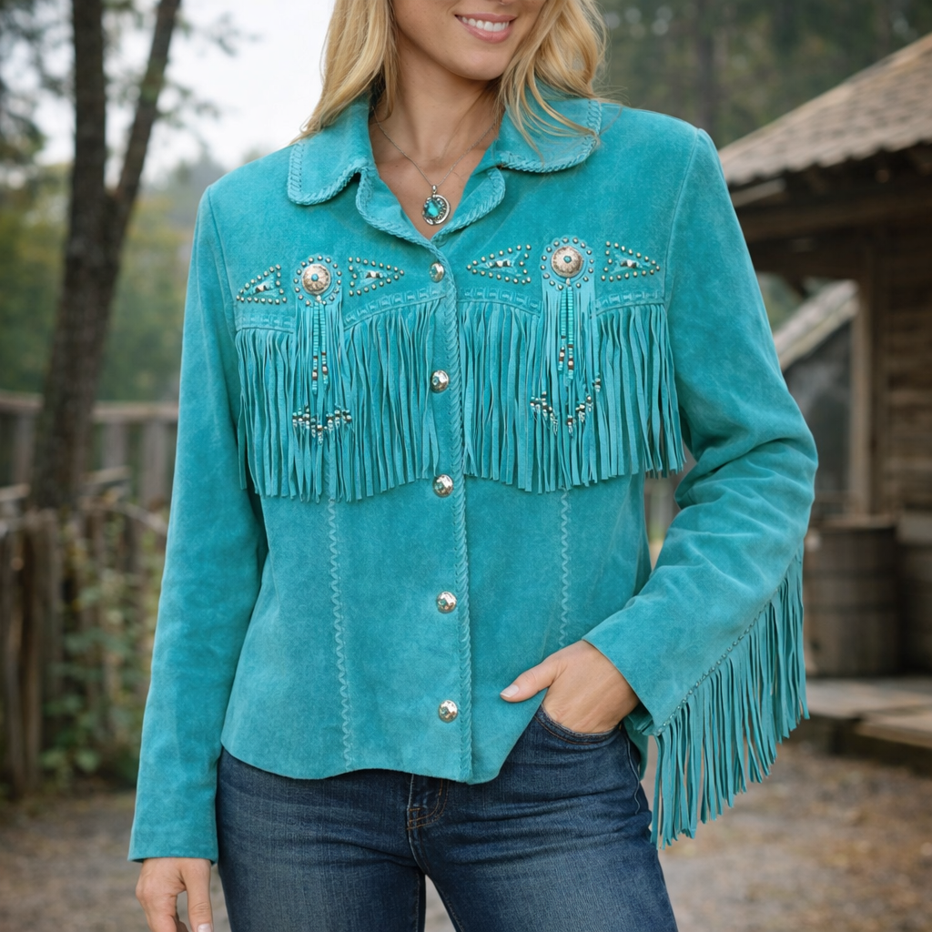 Women Suede Leather Jacket With Fringed & Bead Work - Turquoise Blue