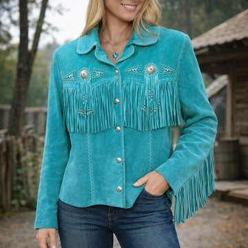 Women Suede Leather Jacket With Fringed & Bead Work - Turquoise Blue