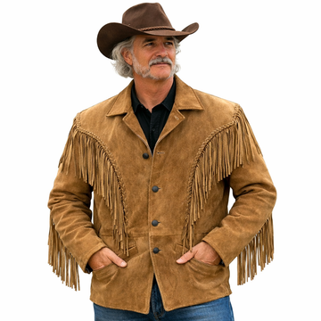 Men Western Cowboy Suede Fringe Jacket Native American Fringe Leather Jacket