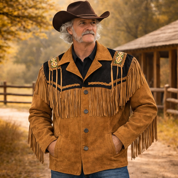 Men Western Cowboy Suede Fringe Jacket Beaded Native American Leather Jacket