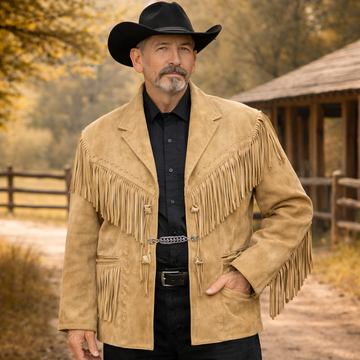 Men Western Cowboy Suede Fringe Jacket Native American Fringe Leather Jacket