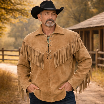 Men Western Cowboy Suede Fringe Shirt Native American Fringe Leather Jacket