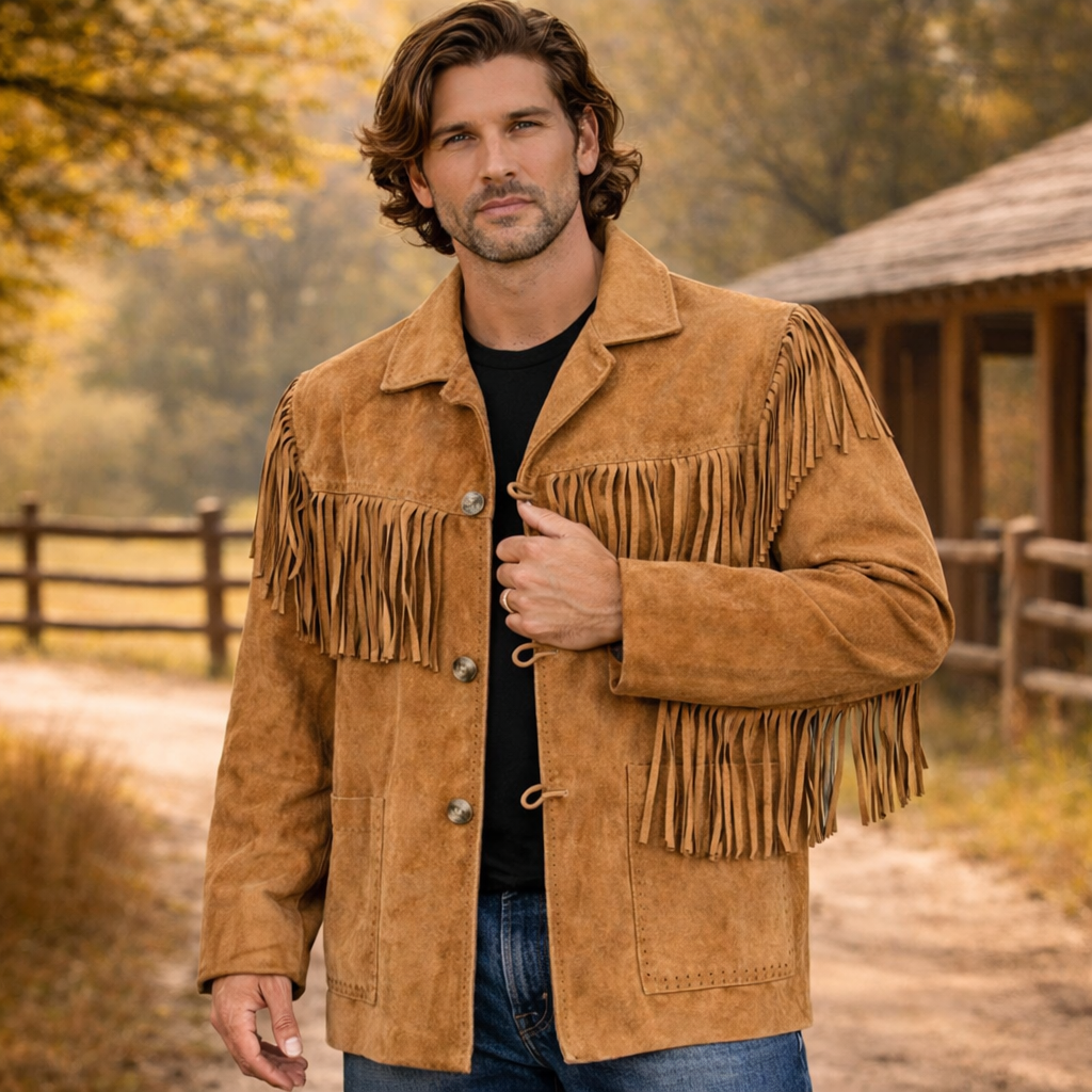 Men Western Cowboy Suede Fringe Jacket Native American Fringe Leather Jacket