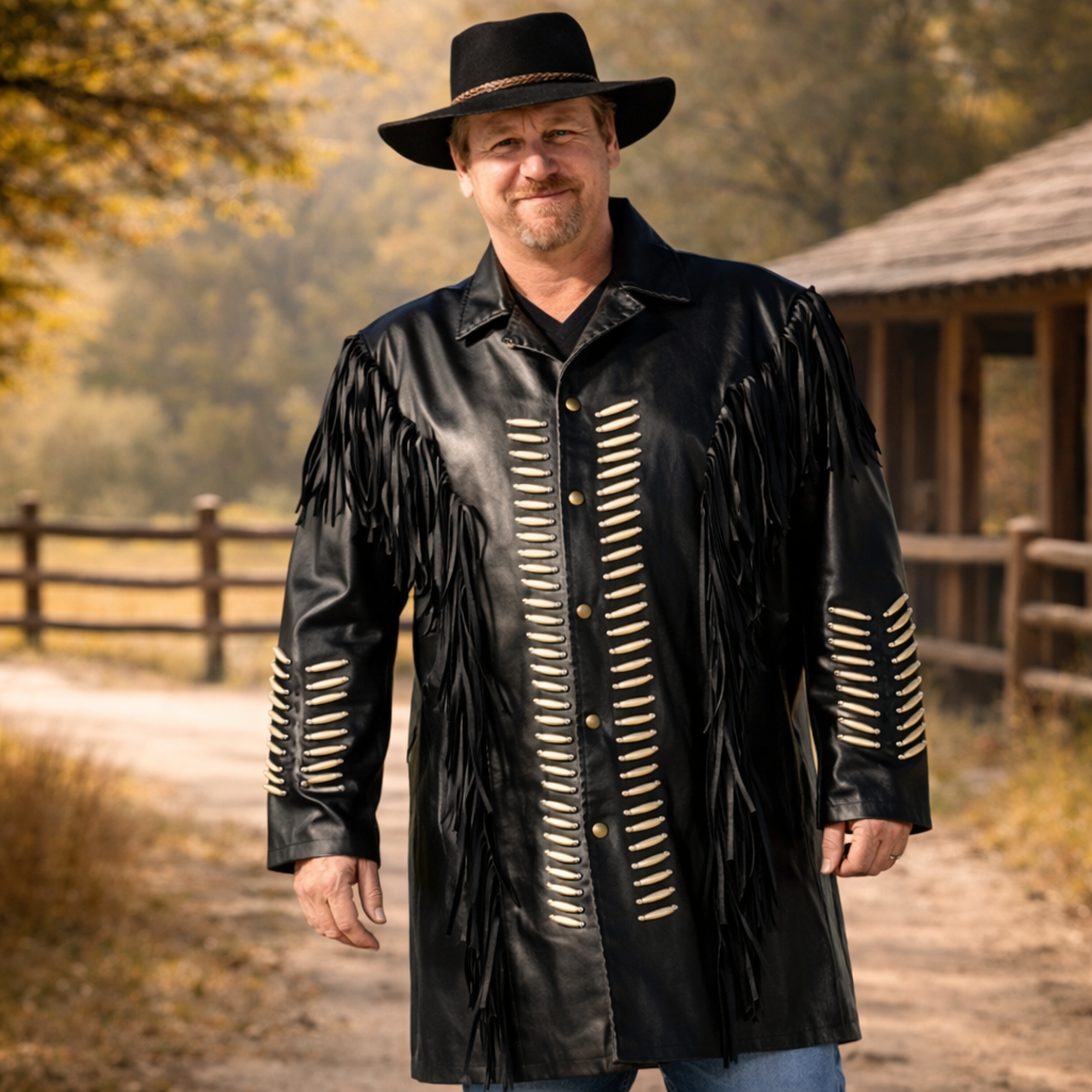 Men Black Real Leather Western Style Cowboy Coat Fringed & Beaded - Long Coat