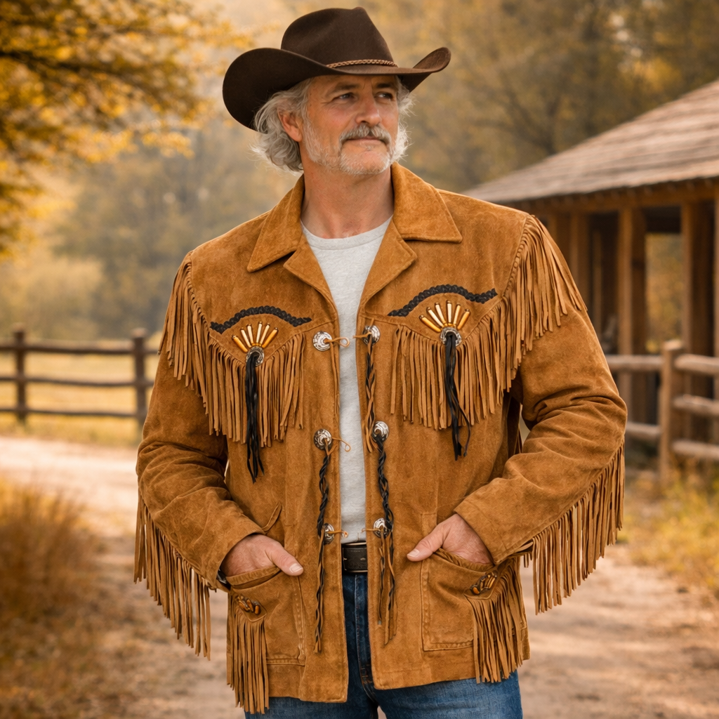 Men Western Cowboy Suede Fringe Jacket Beaded Native American Leather Jacket Opt