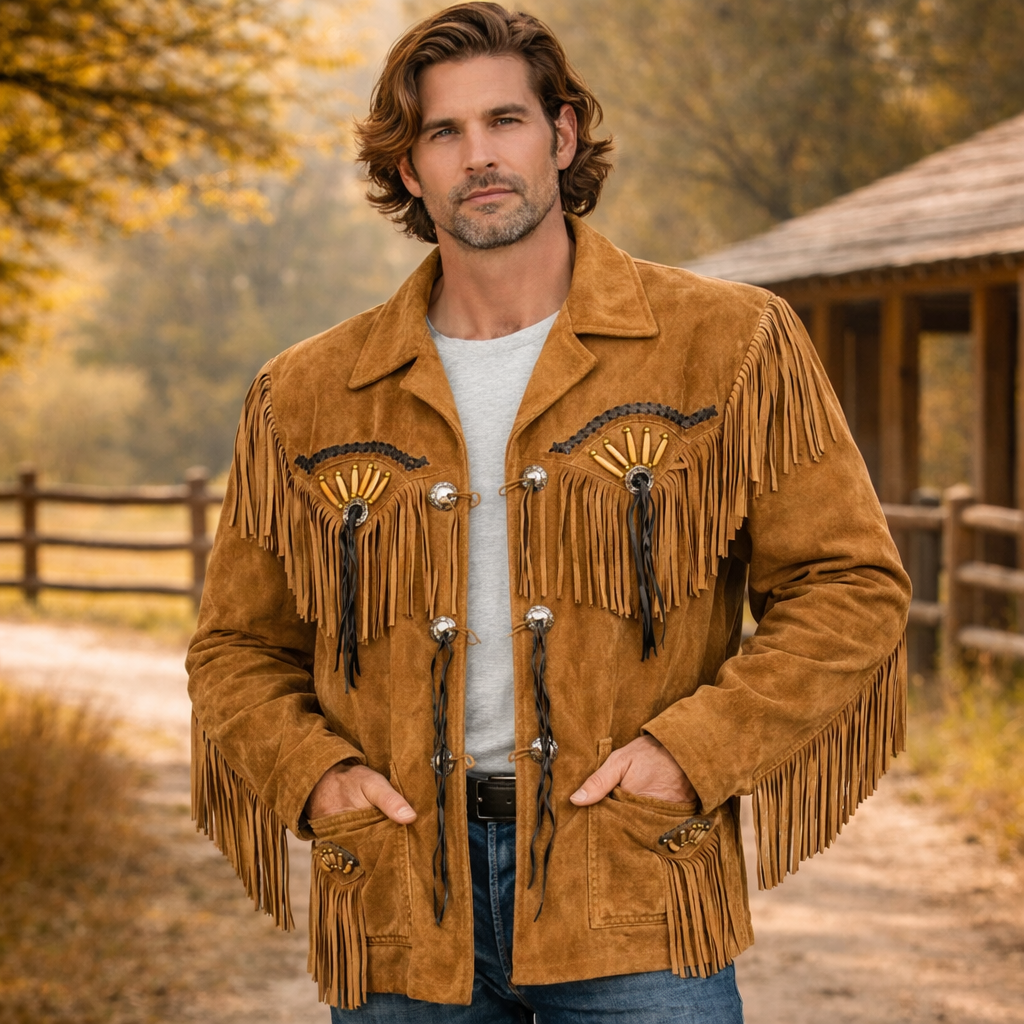 Men Western Cowboy Suede Fringe Jacket Beaded Native American Leather Jacket