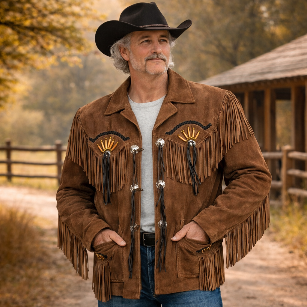 Men Western Cowboy Suede Fringe Jacket Beaded Native American Leather Jacket