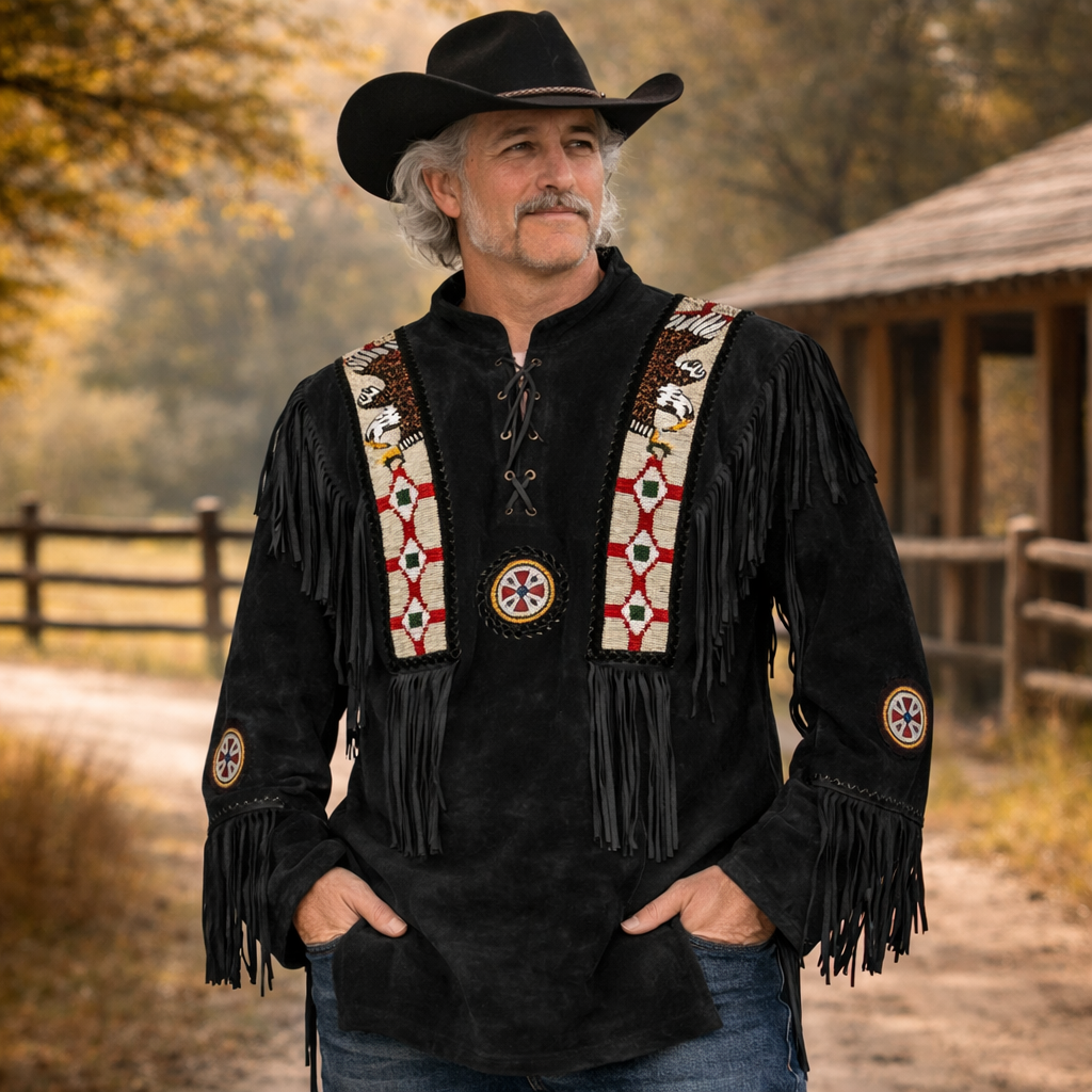 Men Western Cowboy Suede Fringe Shirt Beaded Native American Leather Jacket