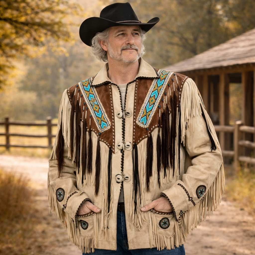 Men Western Cowboy Fringe Jacket Beaded Native American Real Leather Jacket