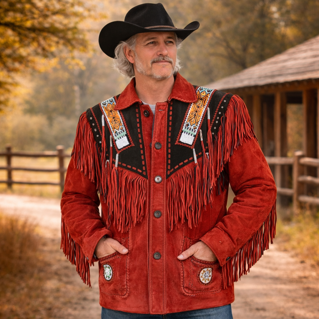 Men Western Cowboy Suede Fringe Jacket Beaded Native American Leather Jacket