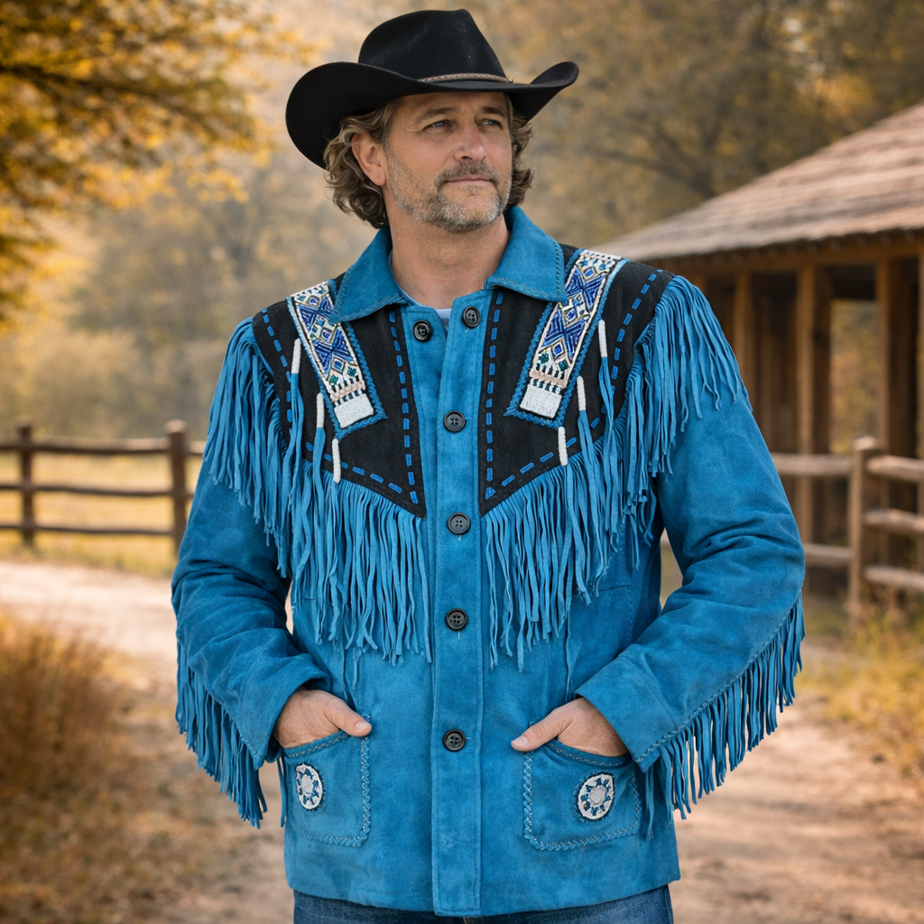 Men Western Cowboy Suede Fringe Jacket Beaded Native American Leather Jacket