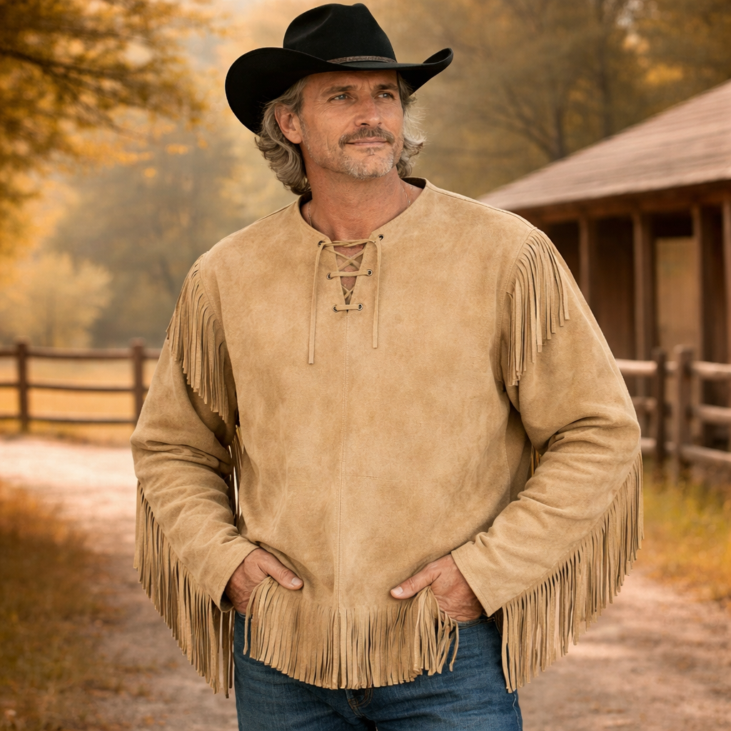 Men Western Cowboy Suede Fringe Shirt Native American Fringe Leather Jacket