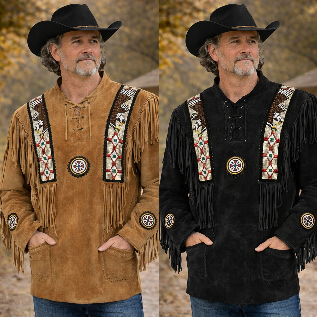 Men Western Cowboy Suede Fringe Shirt Beaded Native American Leather Jacket Opts