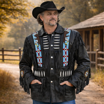 Men Western Cowboy Fringe Jacket Beaded Native American Real Leather Jacket