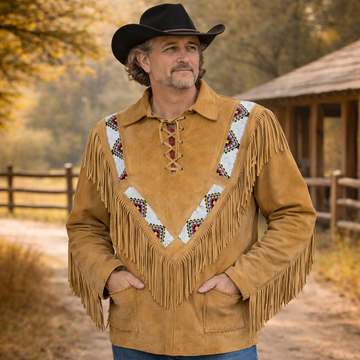 Men Western Cowboy Suede Fringe Jacket Beaded Native American Leather Jacket