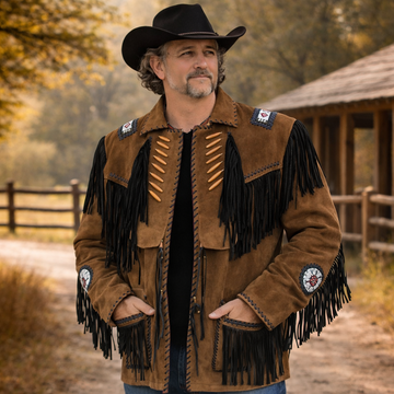 Men Western Cowboy Suede Fringe Jacket Beaded Native American Leather Jacket