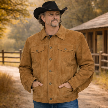 Men Denim Style Western Suede Leather Jacket Jean Style Coat - Denim Jacket