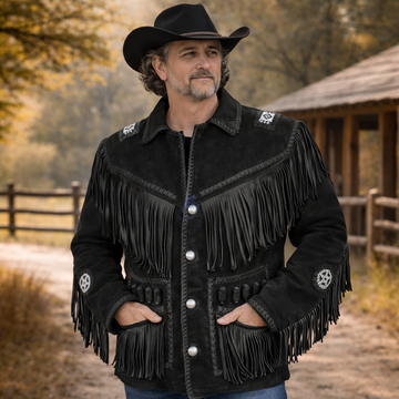 Men Western Cowboy Suede Fringe Jacket Beaded Native American Leather Jacket