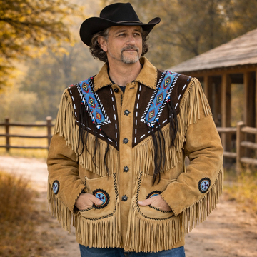 Men Western Cowboy Suede Fringe Jacket Beaded Native American Leather Jacket