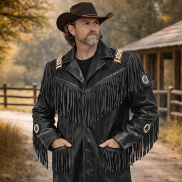 Men Western Cowboy Fringe Jacket Beaded Native American Real Leather Jacket