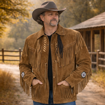 Men Western Cowboy Suede Fringe Jacket Beaded Native American Leather Jacket