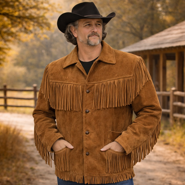 Men Western Cowboy Suede Fringe Jacket Native American Fringe Leather Jacket