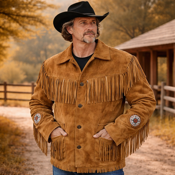 Men Western Cowboy Suede Fringe Jacket Beaded Native American Leather Jacket