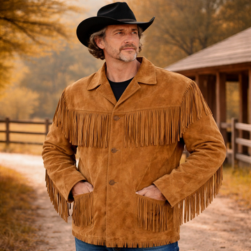 Men Western Cowboy Suede Fringe Jacket Native American Fringe Leather Jacket