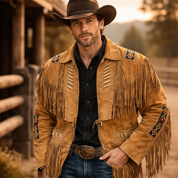 Men Western Cowboy Suede Fringe Jacket Native American Fringe Leather Jacket