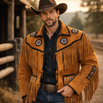 Men Western Cowboy Suede Fringe Jacket Beaded Native American Leather Jacket