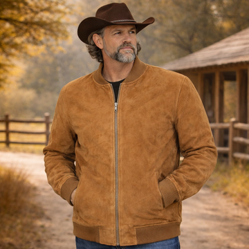 Men Bomber Style Western Wear Suede Leather Jacket American Jacket - Bomber Coat