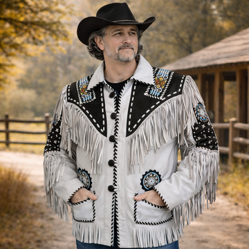Men Western Cowboy Fringe Jacket Beaded Native American Real Leather Jacket