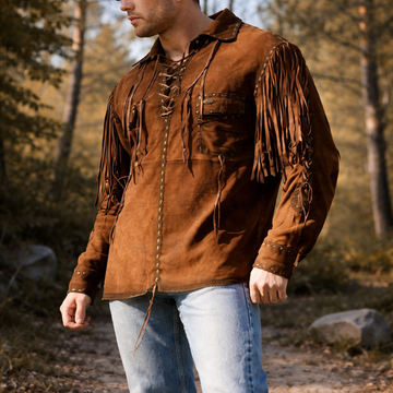 Men Western Cowboy Suede Fringe Shirt Native American Fringe Leather Jacket