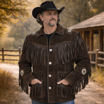 Men Western Cowboy Suede Fringe Jacket Beaded Native American Leather Jacket