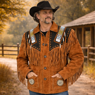 Men Western Cowboy Suede Fringe Jacket Beaded Native American Leather Jacket