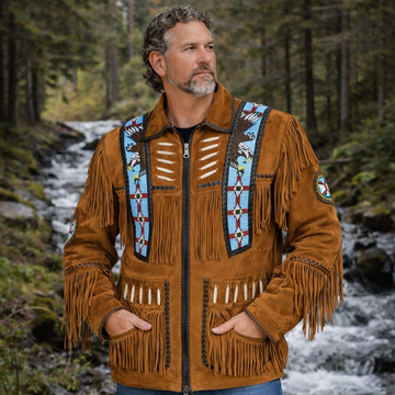 Men Western Cowboy Suede Fringe Jacket Beaded Native American Leather Jacket