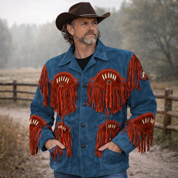 Men Western Cowboy Suede Fringe Jacket Beaded Native American Leather Jacket